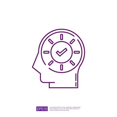 Human head icon with check mark and clock in mind, time management, productivity, and efficient thinking. Business, technology and success concept