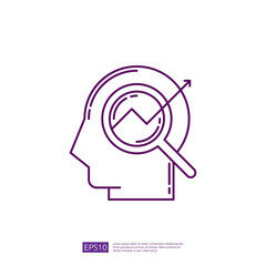 Purple line art icon of human head with magnifying glass over chart, concept of data analysis, research, and insights.
