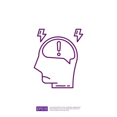 Brain with Exclamation Mark and Lightning Bolts Icon, Mental Health and Stress, Anxiety, Mental Disorder, Thinking, Idea, Vector Illustration