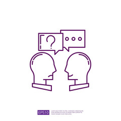 Communication and dialogue icon with two people talking and question mark. Vector illustration.