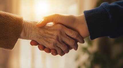 handshake between two people, One of the hands is that of an old man