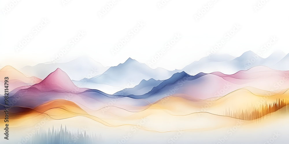 Canvas Prints Soft pastel color watercolor abstract brush painting art of beautiful mountains, mountain peak minimalism landscape with golden lines, panorama banner illustration, white background