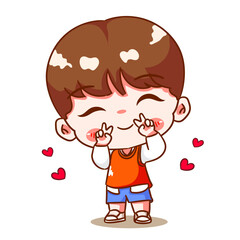 Cute boy smiling showing peace sign cartoon character. Korean style fashion. People expression concept design. Chibi vector illustration. Isolated white background