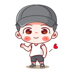Cute boy wearing hat and tee shirt waving hand cartoon character. Korean style fashion. People expression concept design. Chibi vector illustration. Isolated white background