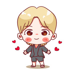 Cute boy smiling showing hand full of love cartoon character. Korean style fashion. People expression concept design. Chibi vector illustration. Isolated white background