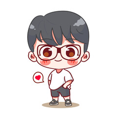 Cute boy wearing glass and tee shirt cartoon character. Korean style fashion. People expression concept design. Chibi vector illustration. Isolated white background