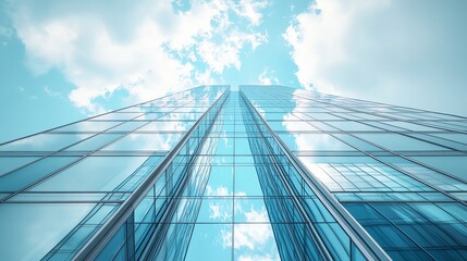 A low angle view of a modern skyscraper with a blue sky and clouds reflected in the glass facade.