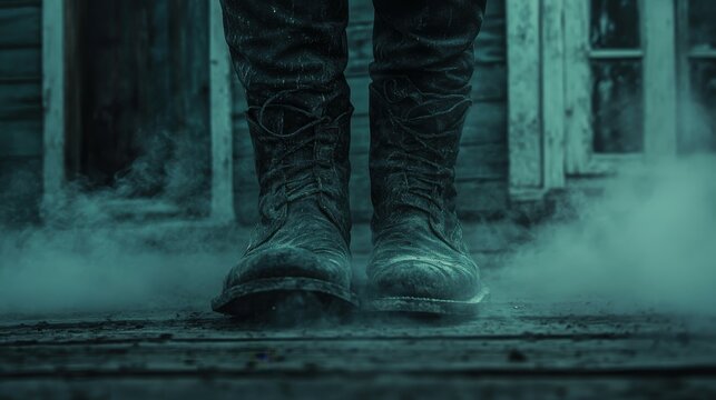 Detailed close-up of a vampire boots stepping onto a creaky wooden porch, dust swirling around. The blurred backdrop of a western town and moonlit sky provides space for text