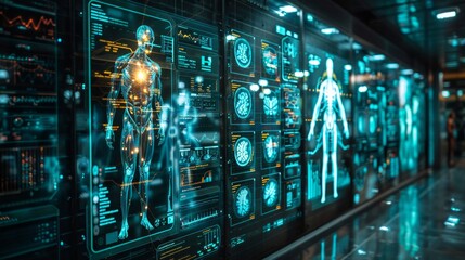 Futuristic medical screens with glowing blue human skeletons and brain scans. AI generative. .