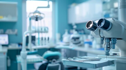 Dental tools and a microscope on a tray in a dentist's office. AI generative. .