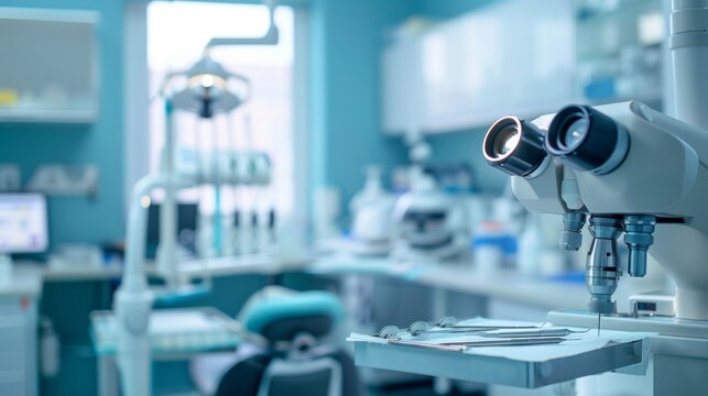 Dental tools and a microscope on a tray in a dentist's office. AI generative. .