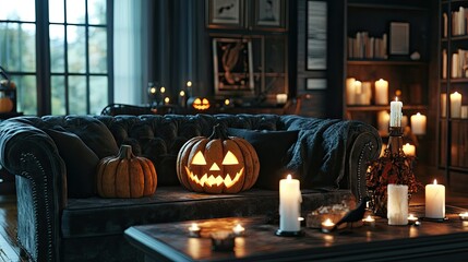 Fototapeta premium Elegant yet spooky living room interior with carved pumpkins and candles flickering, casting a haunting glow on the dark furniture.