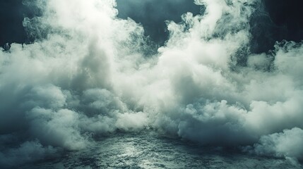 Obraz premium Ethereal white smoke gently flowing over the ground, creating a dreamy, mysterious atmosphere for stage productions, photo shoots, or special event settings.