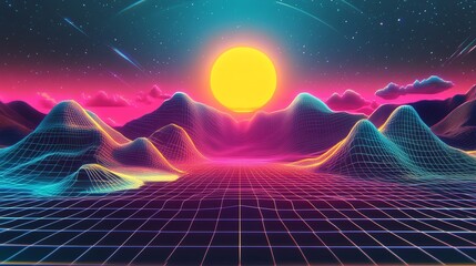 A retro 80s inspired digital landscape with a glowing sun and a grid in the foreground.
