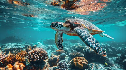 Obraz premium A sea turtle swims through a coral reef, its shell shimmering with vibrant colors. AI generative. .