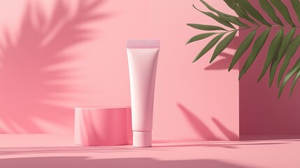 Elegant display of skincare products on a pink backdrop with tropical leaves in soft sunlight showcasing beauty and relaxation