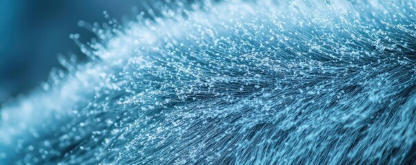 Close-up of soft blue fur with droplets of water, capturing textures and intricate details in a serene and calming ambiance.