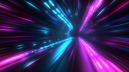 Abstract 3D Render of Blue and Purple Neon Lights in a Tunnel