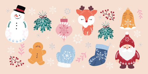 Set of decorative christmas element folk art design vector. Collection of snowman, santa, reindeer, gingerbread, sock, glove. Illustration design for sticker, card, poster, invitation, greeting.