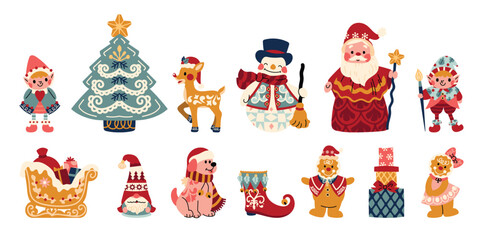 Set of decorative christmas element folk art design vector. Collection of reindeer, santa, pine tree, gingerbread, gift, elves. Illustration design for sticker, card, poster, invitation, greeting.