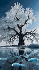 a tree with ice on it and the water in the background.