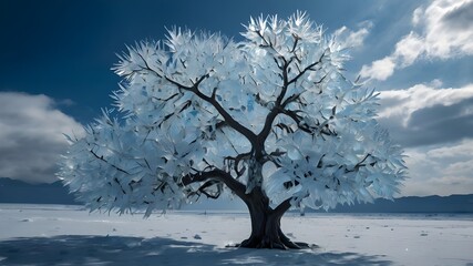 a tree with ice on it and the water in the background.