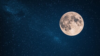 Fototapeta premium A bright full moon shines in a night sky filled with stars and the Milky Way.