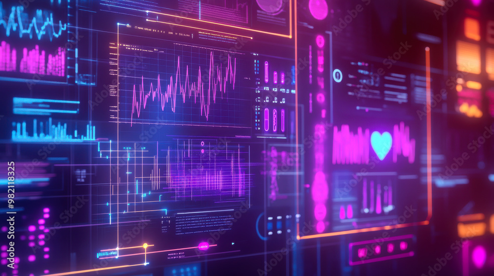 Poster futuristic digital data dashboard displaying various analytics in a dark environment with glowing ne