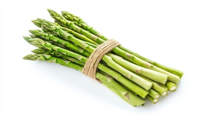 Freshly cut green asparagus spears neatly arranged in a bunch, top view on a white background, highlighting the texture and crispness of the vegetable.