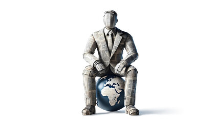 Fototapeta premium businessman salary man investor sit on the globe made from newspaper origami.