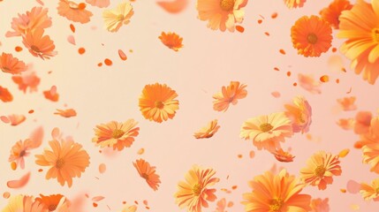 A playful illustration of marigold flowers scattered across a soft pastel background creating a whimsical and light wallpaper design