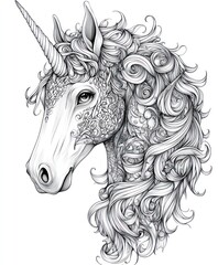 A detailed illustration of a unicorn's head with intricate patterns and flowing mane.