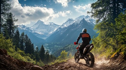 Obraz premium Thrill-seeker navigates a picturesque forest path on a motorcycle, surrounded by towering pines and a backdrop of snow-capped peaks. 