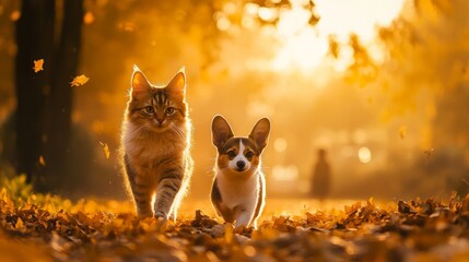 Two furry friends, a cat and a corgi, stroll through a park awash in autumn's golden glow, their...