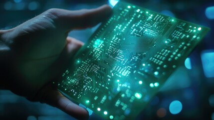 Green circuit board held by a computer specialist, showing detailed components against a blue backdrop, ideal for repair and tech visuals.