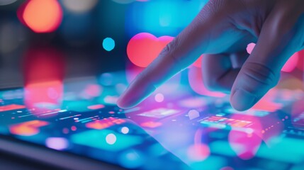 Close-up of a Finger Touching a Digital Screen with Glowing Lights