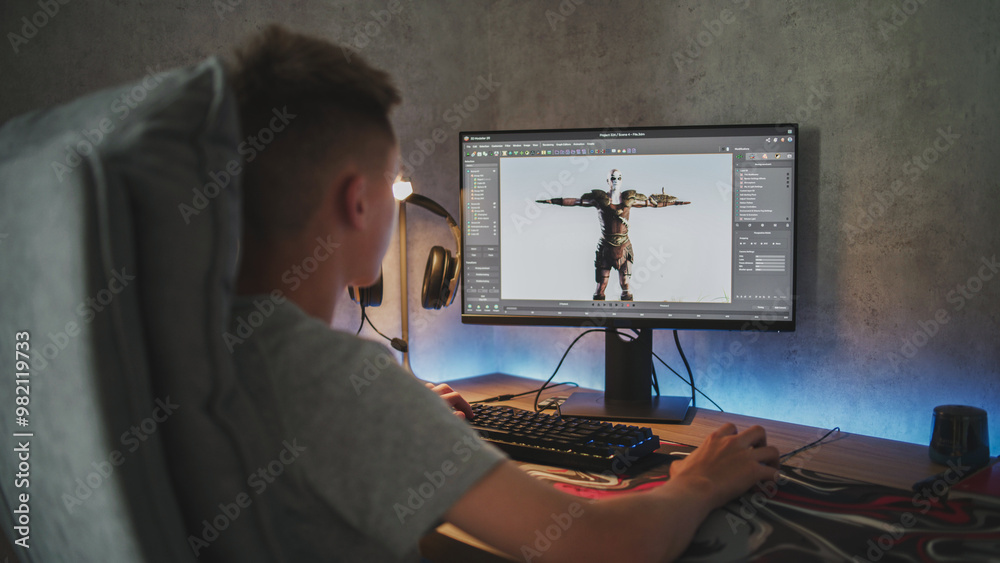 Poster Young designer creates 3D model and animation of game character using computer. Interface of professional 3D modeling software. Teen boy working on freelance project on PC at home. Game development.