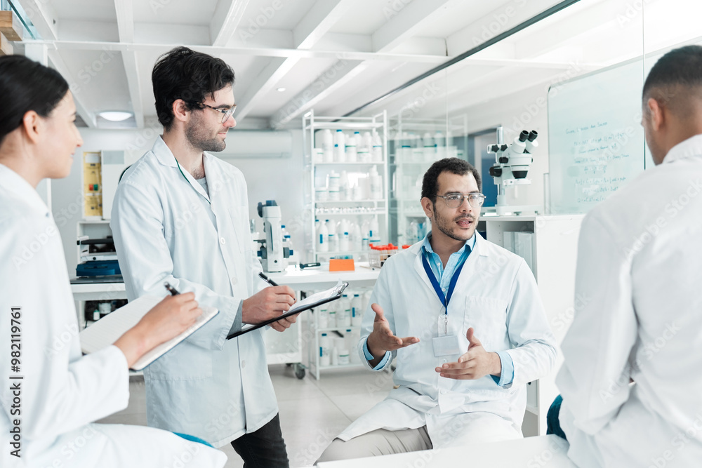 Aufkleber writing, meeting or scientists talking for science breakthrough, clinical trial and discovery. discu