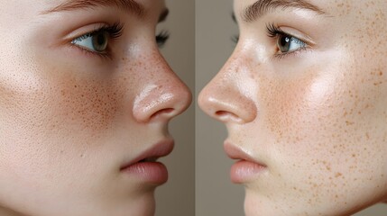 Obraz premium Before-and-after close-up of nose and chin, emphasizing the removal of blackheads and smoother skin texture, High-Resolution, Realistic Detail
