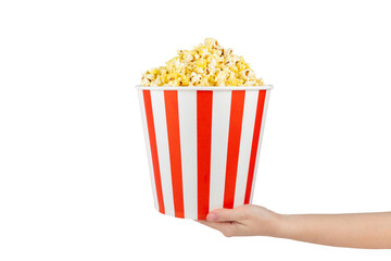Popcorn box. Red and white striped buckets of salted popcorn isolated on white background. Cinema and entertainment concept. Movie night with popcorn. Delicious appetizer, snack.