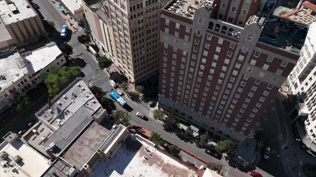 Tilt Down Rotating Aerial View Of City Traffic In Downtown El Paso, Texas
