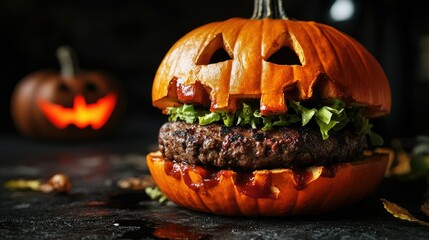 Halloween-themed burger with a pumpkin-shaped bun and juicy beef patties, creating a spooky yet delicious meal for the holiday celebration. Perfect for festive food ideas.