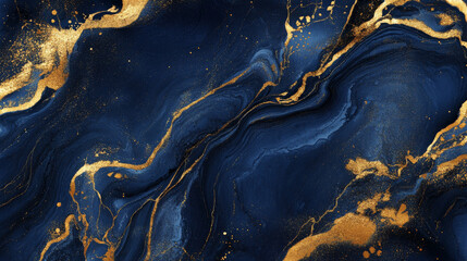A luxurious liquid marble background in deep navy blue with flowing gold veins, creating an elegant and rich texture with realistic fluid patterns.
