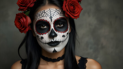 Girl with skull face paint and roses in hair, perfect for Halloween.