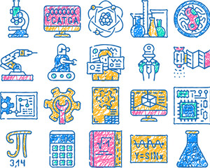 stem engineer process and science doodle icons set vector. sketch line art educational book and trigonometry formula, stem engineering processing and laboratory researching, color illustrations © sevector