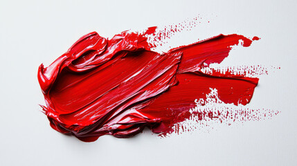 An expressive chaotic smear of red acrylic paint on a white canvas. Textured splashes of red oil paint on a white background. Hand-drawn. The splashes are erratic