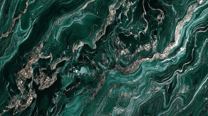 Obraz premium Deep forest green liquid marble with shimmering silver veins flowing fluidly, creating a rich and sophisticated design.
