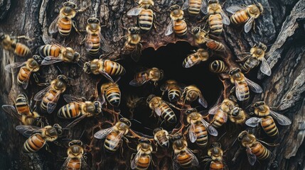 Heavily populated honey bee colony with bees swarming around the entrance, filling the spring air with their buzzing wings and lively movement.