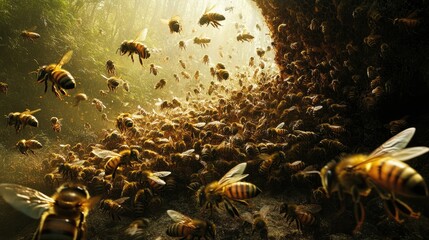 Fototapeta premium Heavily populated honey bee colony with bees swarming around the entrance, filling the spring air with their buzzing wings and lively movement.