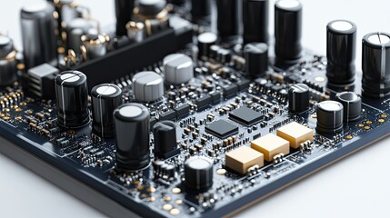 High-detail close-up of a wireless audio circuit board with electronic components, cleanly isolated on a white background.